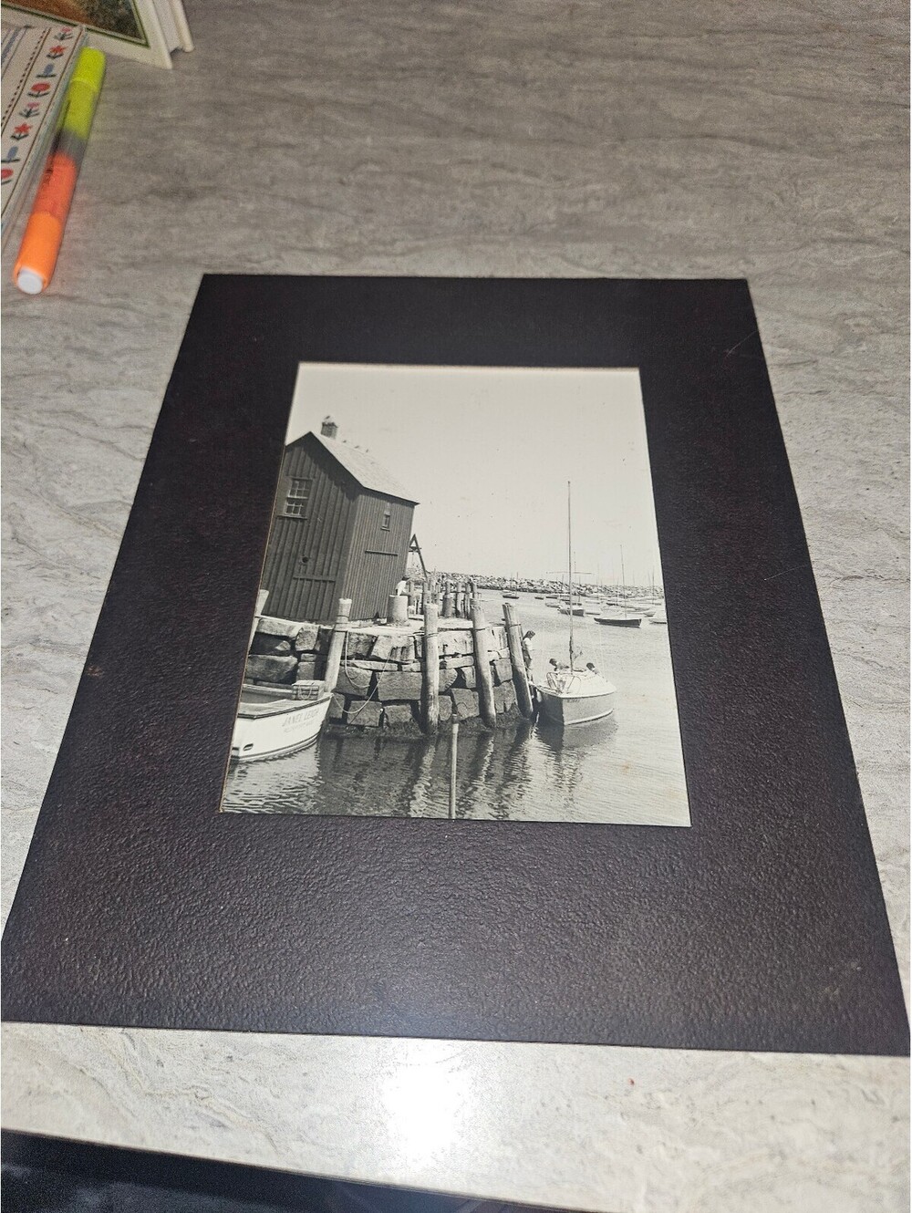 Vintage Black and White Harbor Photo with Boats and Dock